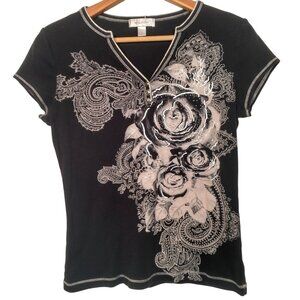 Vintage Y2K Dressbarn Shirt Women Small Black Silver Roses Cap Sleeve Studded